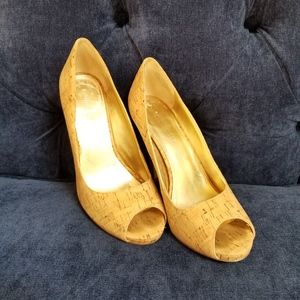 Cork Nude Peep Toe Stilettos, Sz 6
